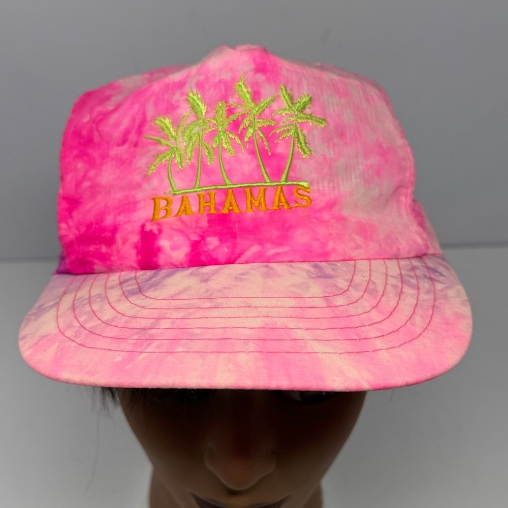 Vintage Bahamas Tie Dye Snapback Hat Pink Purple Palm Tree Souvenir Cap